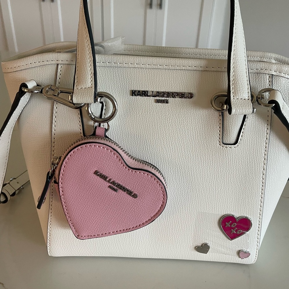Karl Lagerfeld White Tote with Pink Heart Accent